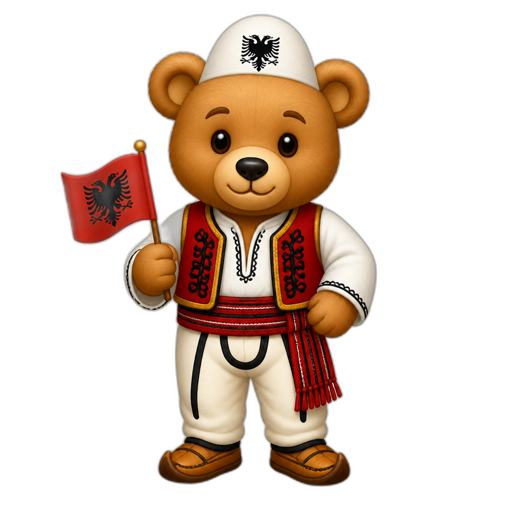 Create a standing Teddy bear who is a stereotypical Albanian. any fur color - AI generated emoji