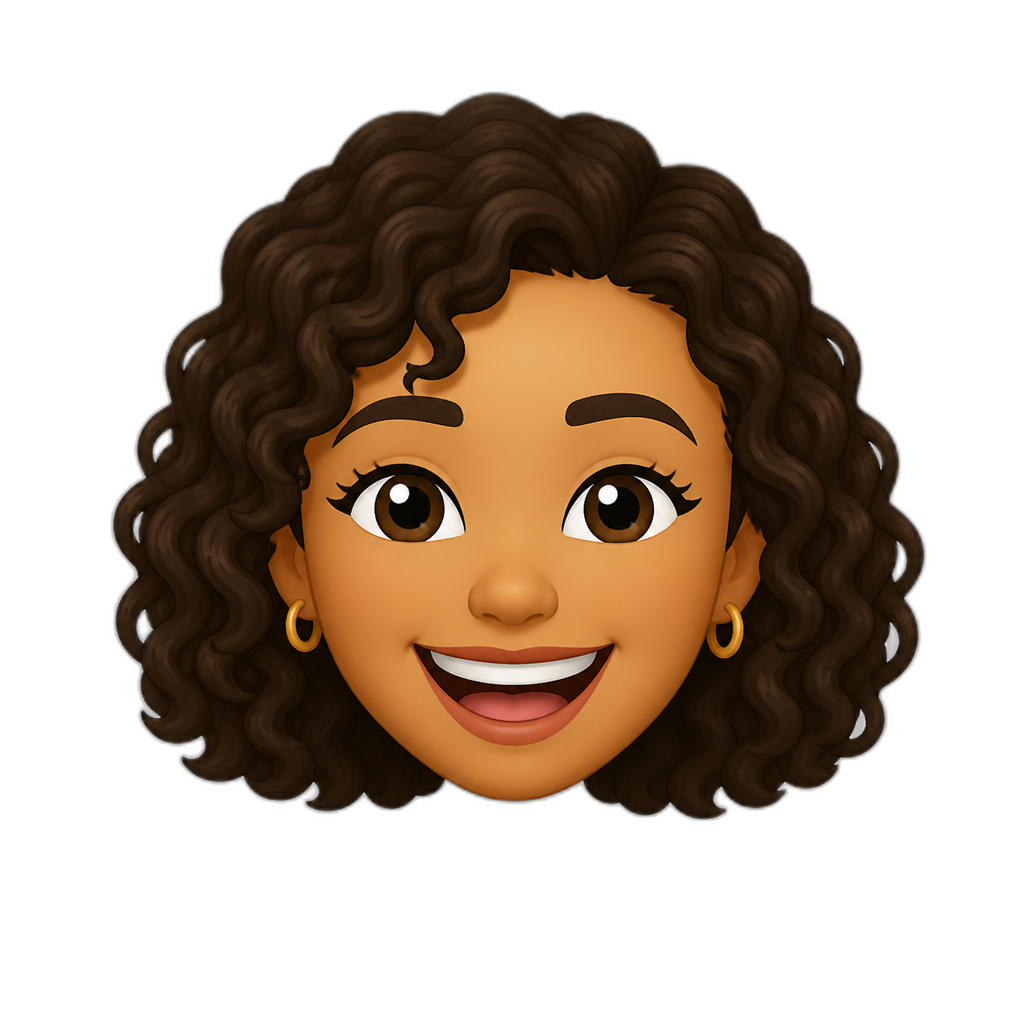 short curly dark brown hair, big smile, tan skin, female - AI generated emoji
