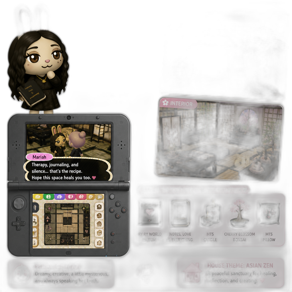 Mariah The Scientist as an Uchi Rabbit Villager in Animal Crossing: Happy Home Designer for the 3DS, showcasing her house, Mariah The Scientist themed aesthetics, 3DS gameplay footage, exterior and interior, Asian zen theme - AI generated emoji