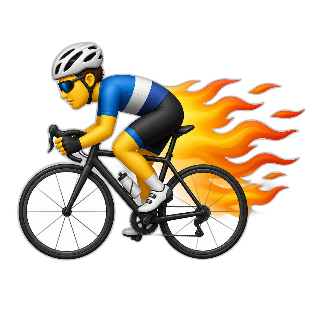 sports cyclist wearing cycling kit riding a thin bicycle with flames in the back indicating speed - AI generated emoji