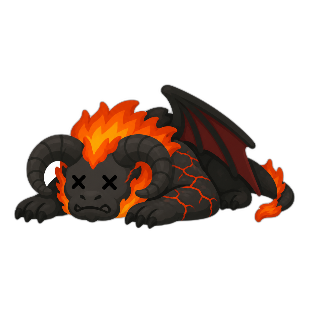 knocked out balrog with X eyes; vertical proportion, flat thick minimal style, no sword, no weapon - AI generated emoji