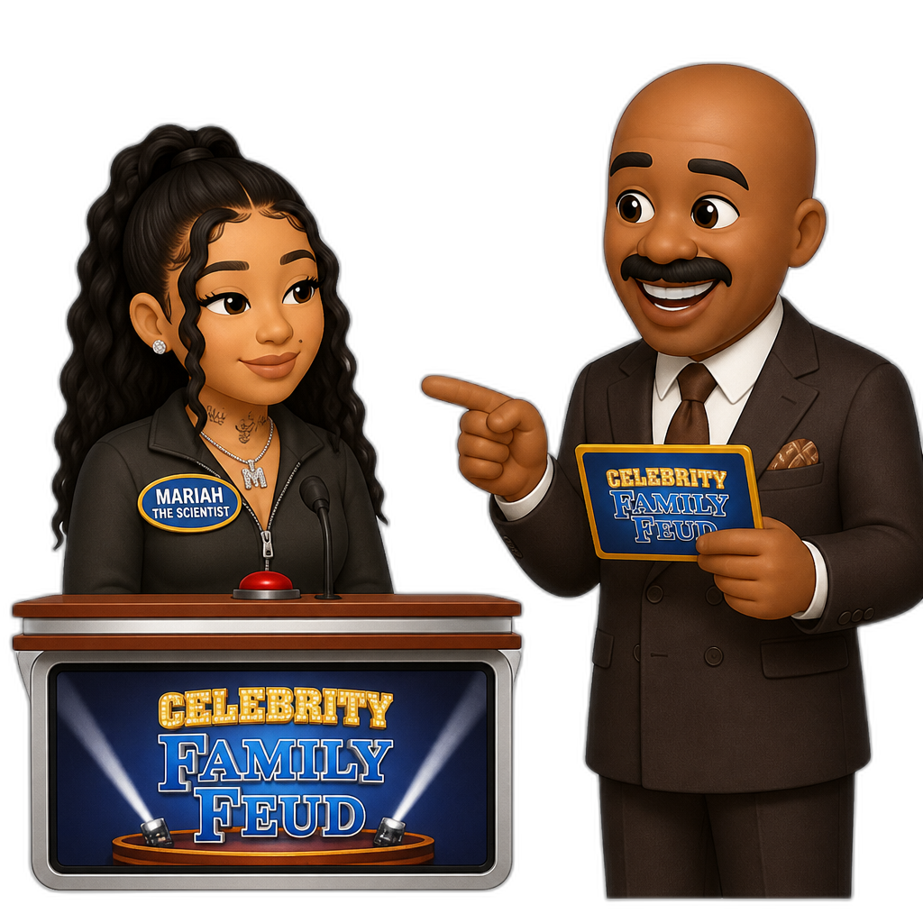 Mariah The Scientist as a contestant on Celebrity Family Feud, host Steve Harvey - AI generated emoji