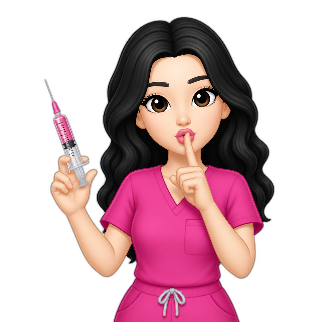 Girl in hot pink scrubs black wavy hair pale skin pouty lips with one hand of a pink injection the other hand of her finger near lips as if she's saying shh - AI generated emoji