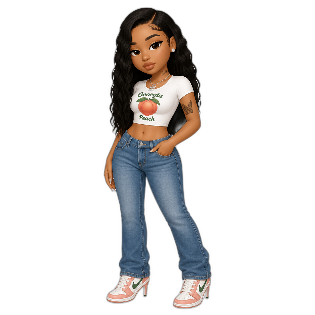 Mariah The Scientist in a Georgia Peach crop top and blue jeans, with high heeled sneakers - AI generated emoji