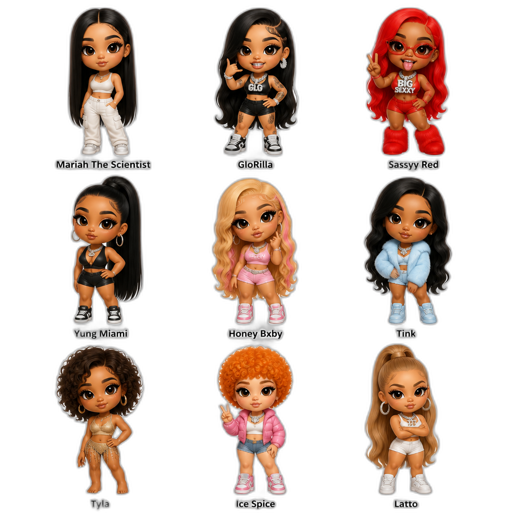 Mariah The Scientist, GloRilla, Sassyy Red, Yung Miami, Honey Bxby, Tink, Tyla, Ice Spice and Latto, photorealistic, chibi, Mariah with long straight hair - AI generated emoji