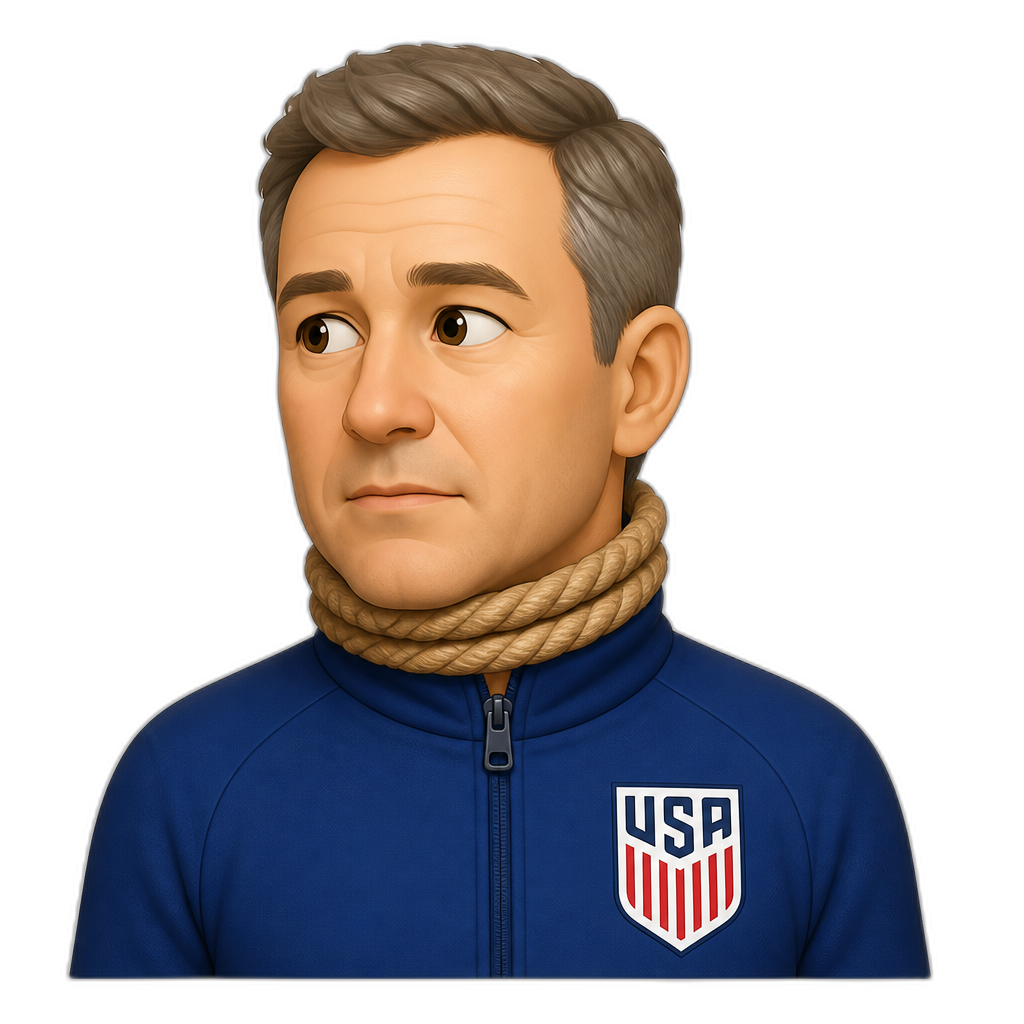 a middle aged white man with his head slightly turned to the left in a blue zipped jacket with the USA soccer logo on the right with a rope around the lower part of his head - AI generated emoji