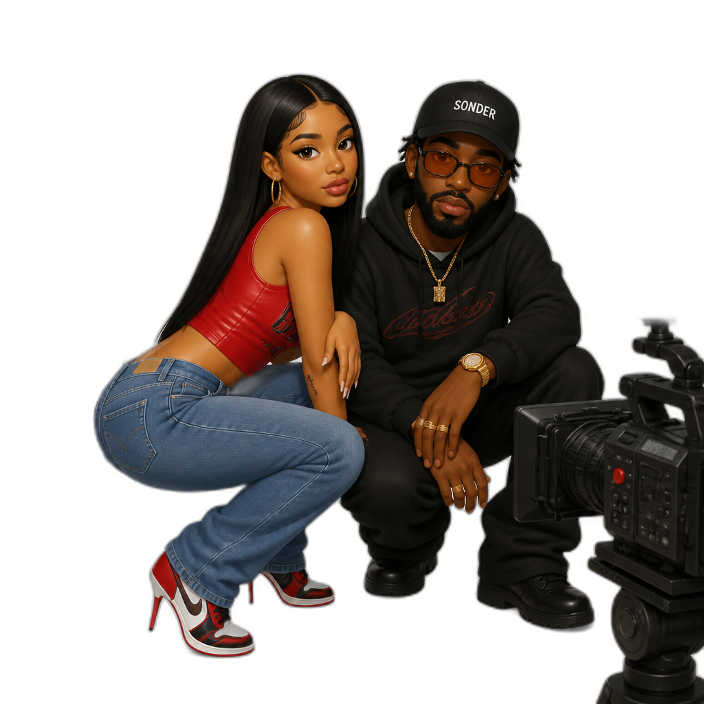 Mariah The Scientist and Brent Faiyaz in a new music video, photorealistic, Mariah with long straight hair, sleeveless red crop top, blue denim jeans, stiletto sneakers, hoop earrings - AI generated emoji