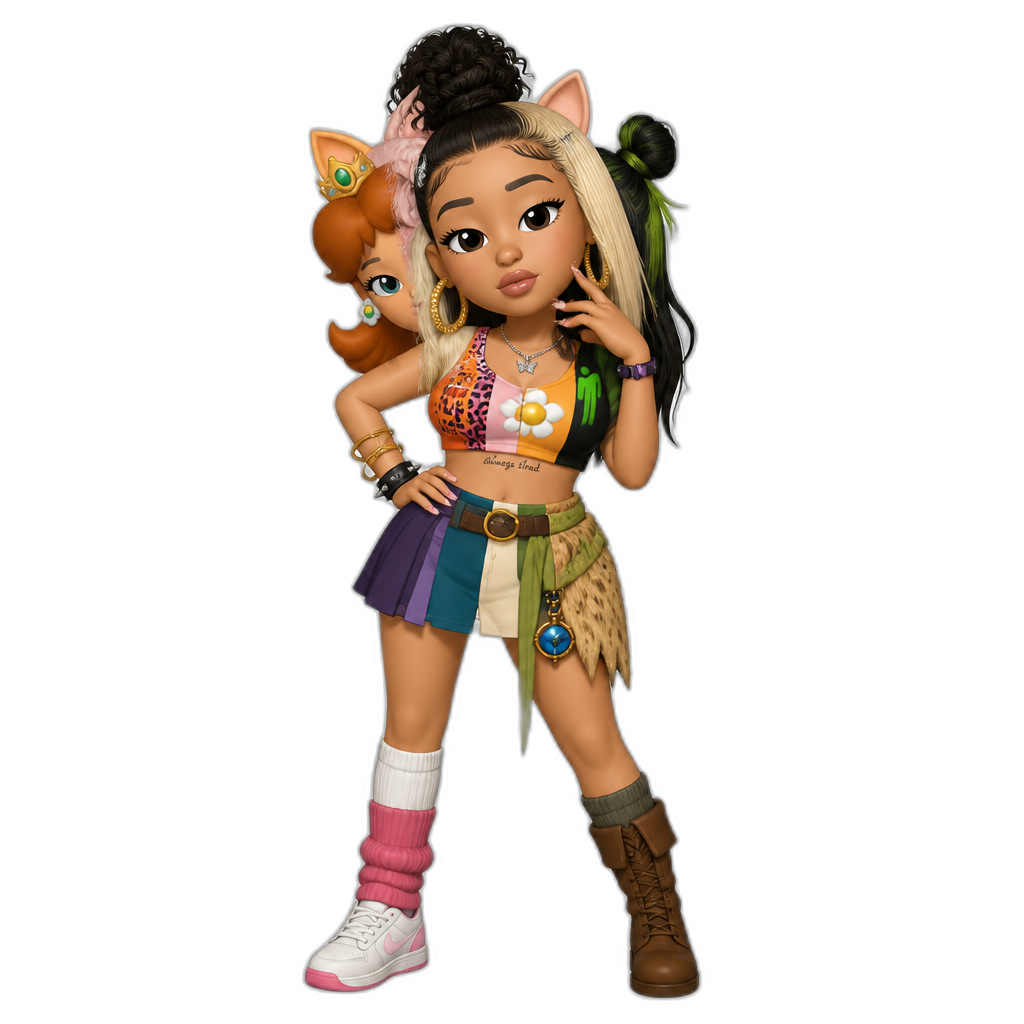Mariah The Scientist fused with 10 people/characters (Latto, Doja Cat, Princess Daisy, Penny Proud, Billie Eillish, Wendy O. Koopa, Lucca from Chrono Trigger, Ayla from Chrono Trigger, Miss Piggy, and Hitomi from Dead Or Alive) - AI generated emoji
