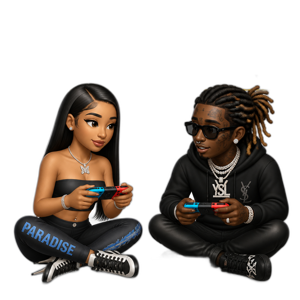 Mariah The Scientist and Young Thug playing Super Mario Maker 2 for the Nintendo Switch, photorealistic, Mariah with long straight hair, strapless crop top, leggings, stiletto sneakers, Mariah's level called "Burning Blue Fever", Young Thug's level called " YSL 4Evah!" - AI generated emoji