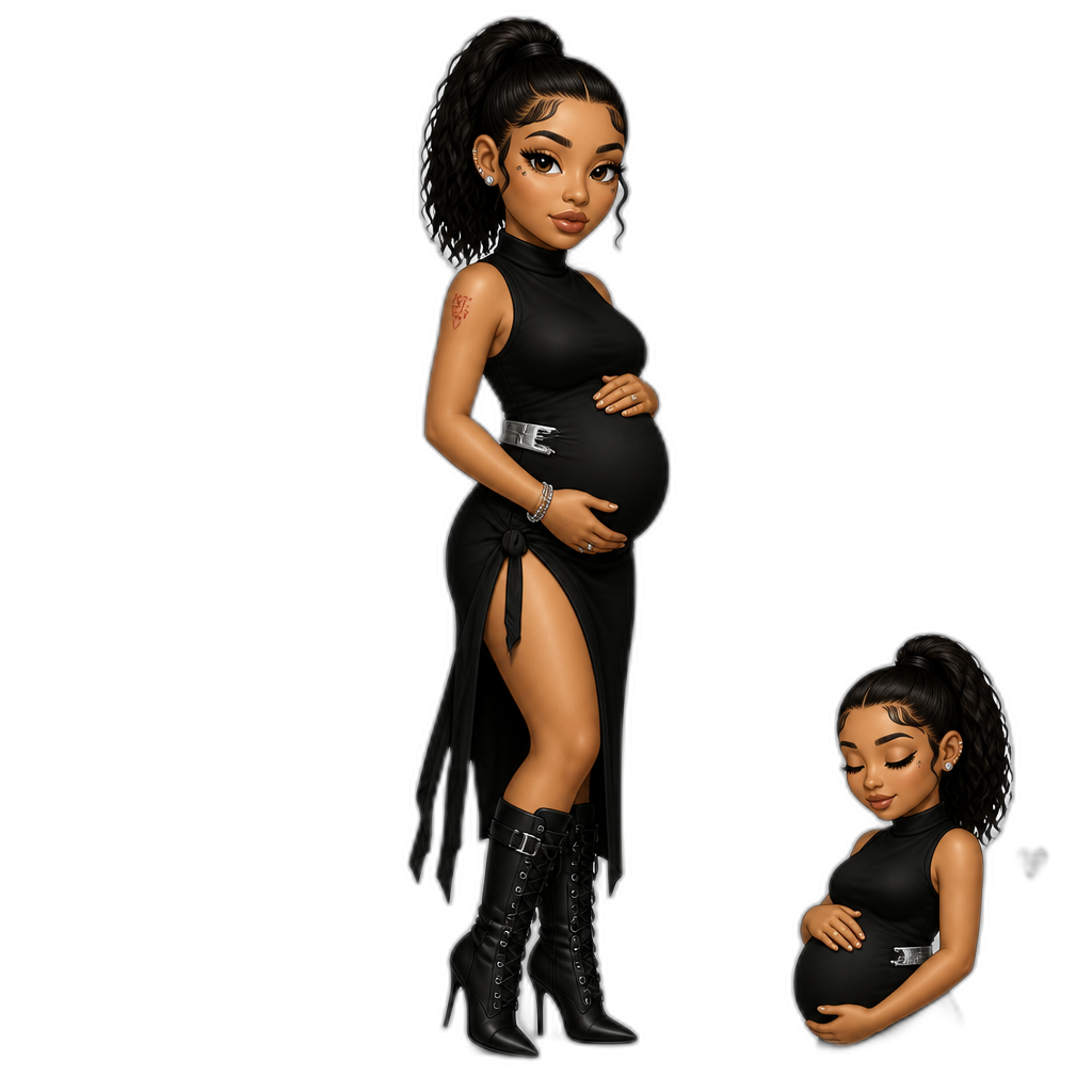 Mariah The Scientist, black sleeveless ninja dress, black stiletto combat boots, silver belt around dress, hair up in ponytail, 'Burning Blue' music video shoot, 'Hearts Sold Seperately' album, pregnant - AI generated emoji