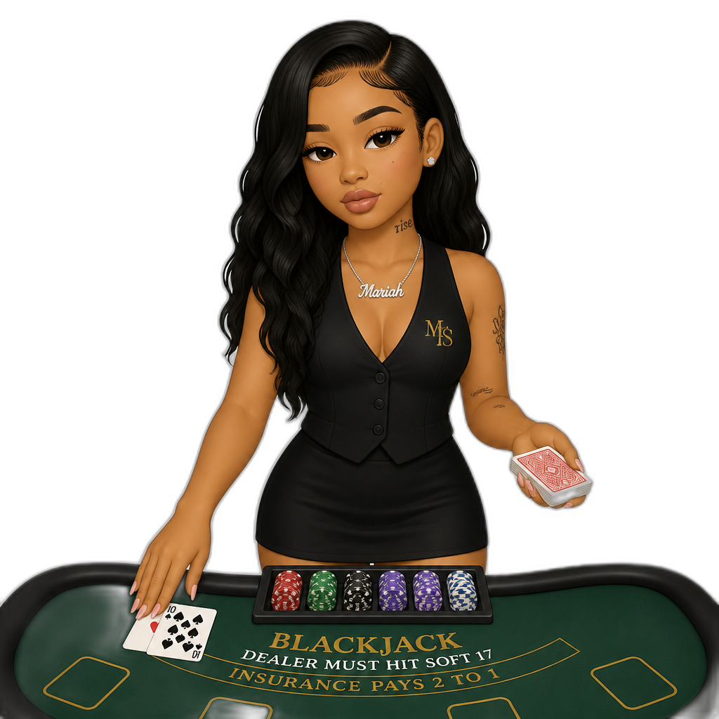 Mariah The Scientist as a casino dealer in a skirt, sleeveless vest top - AI generated emoji