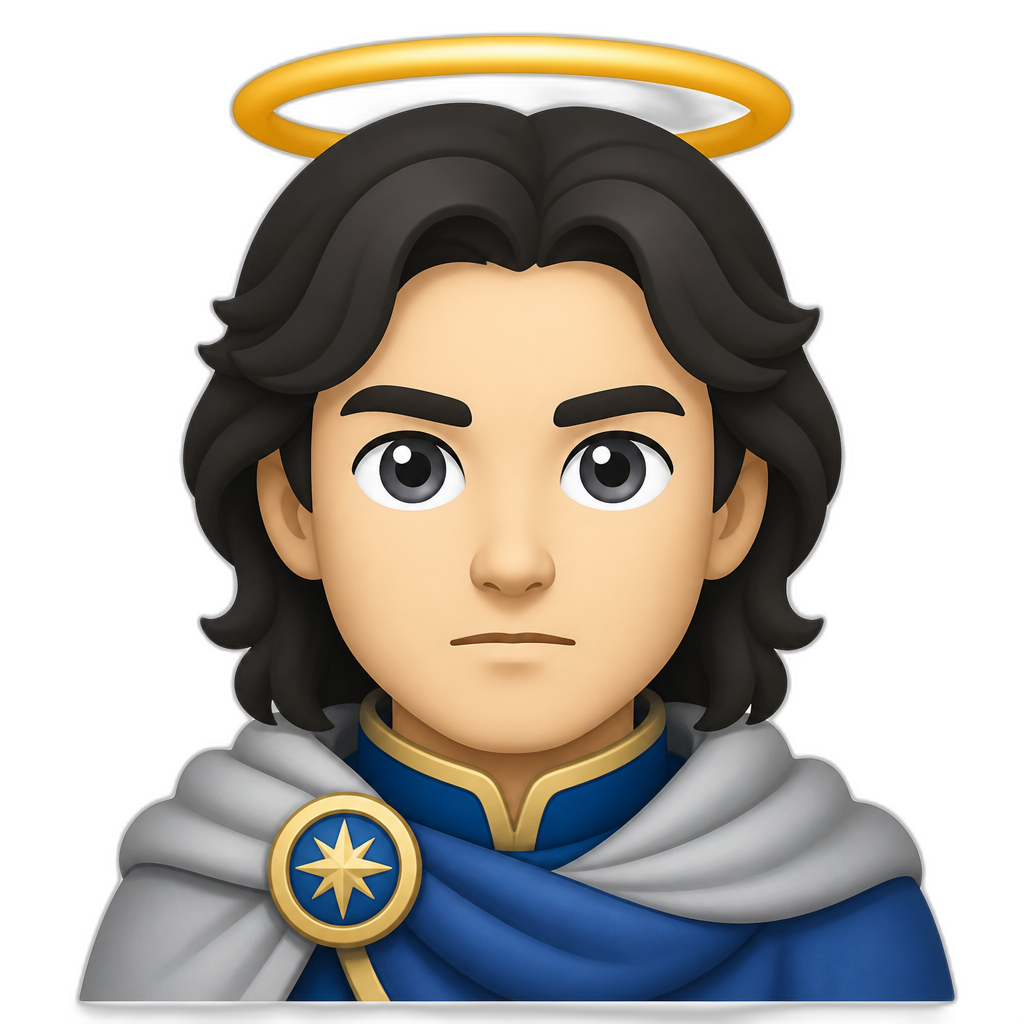 Mighty legendary Elf lord/lady (no specific gender) with halo over head, fair skin tone, dark hair, grey eyes, blue cloth, grey cape, brooch; serious expression. Closeup portrait. FLAT thick minimal style. No pointy ears, no gender. - AI generated emoji