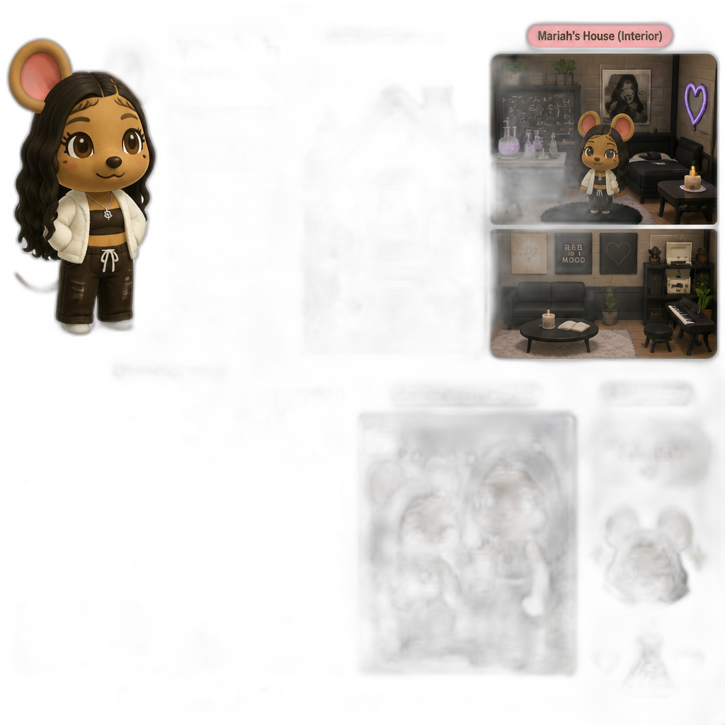 Mariah The Scientist as an Uchi Mouse Villager, her house, exterior and interior, gameplay footage, catchphrase as 'lab rat', human female villager hanging out with Mariah - AI generated emoji