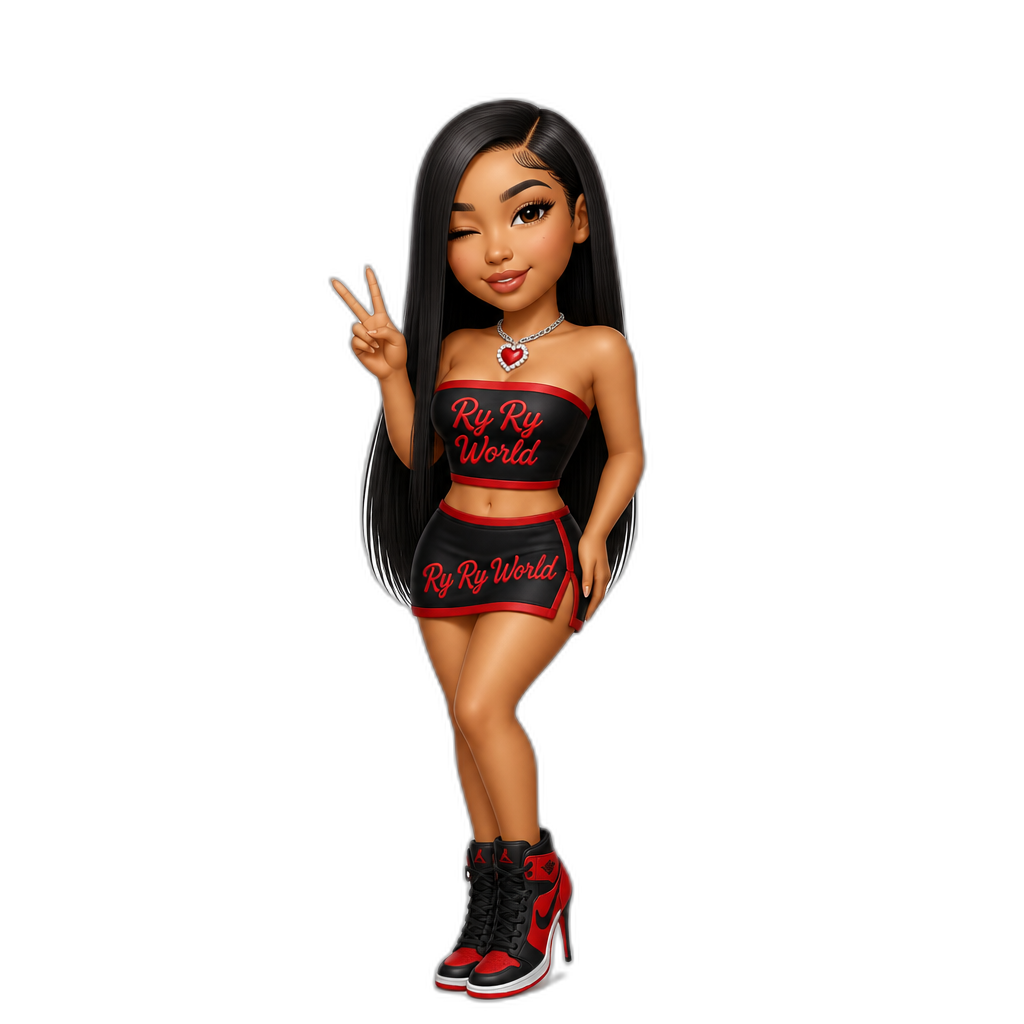 Mariah The Scientist, black and red strapless crop top, skirt, stiletto sneakers, heart necklace, Ry Ry World on the top and skirt, peace sign, winking, smiling, photorealistic, long straight hair - AI generated emoji