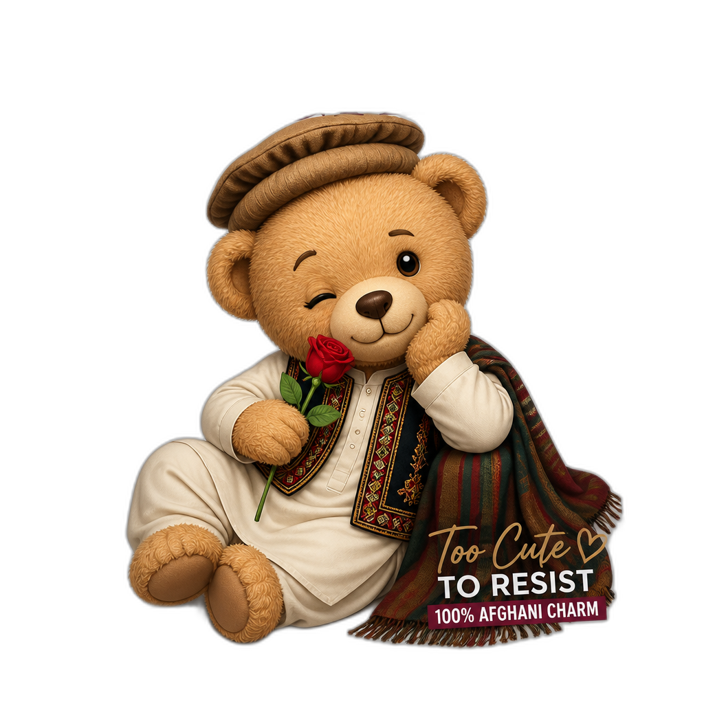 Create a Teddy bear who is a flirty cute Afghani on the magazine. any fur color - AI generated emoji