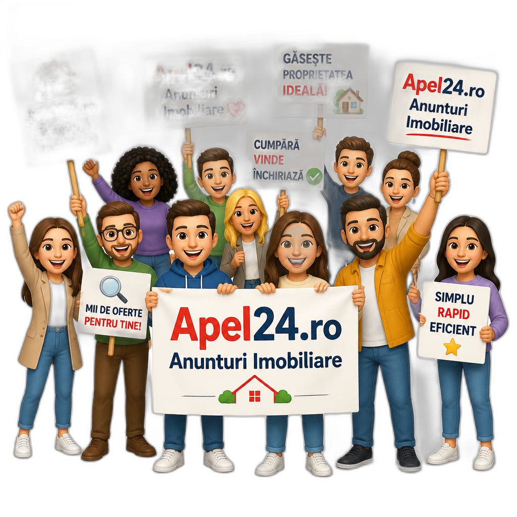 O multime de oameni cu pancarde care fac reclama la Apel24.ro Anunturi Imobiliare - AI generated emoji