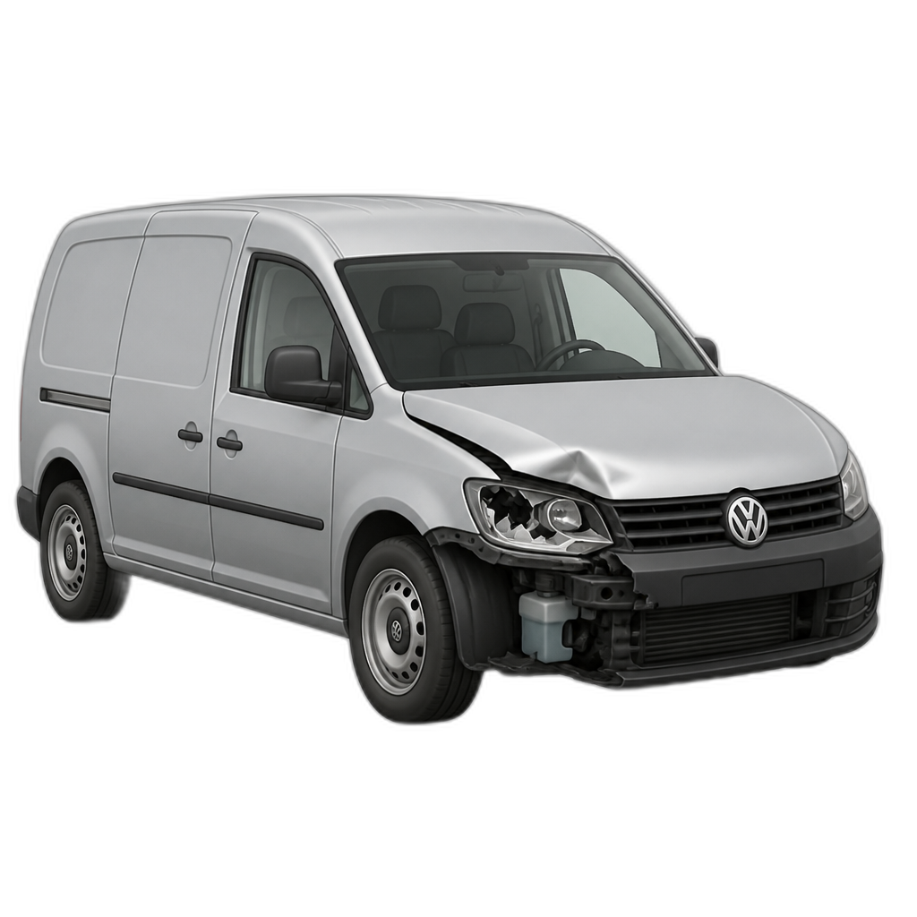 2009 Grey vw caddy maxi panel van with passenger side front end smashed in with passenger side broken light and left side of the front bumper missing - AI generated emoji