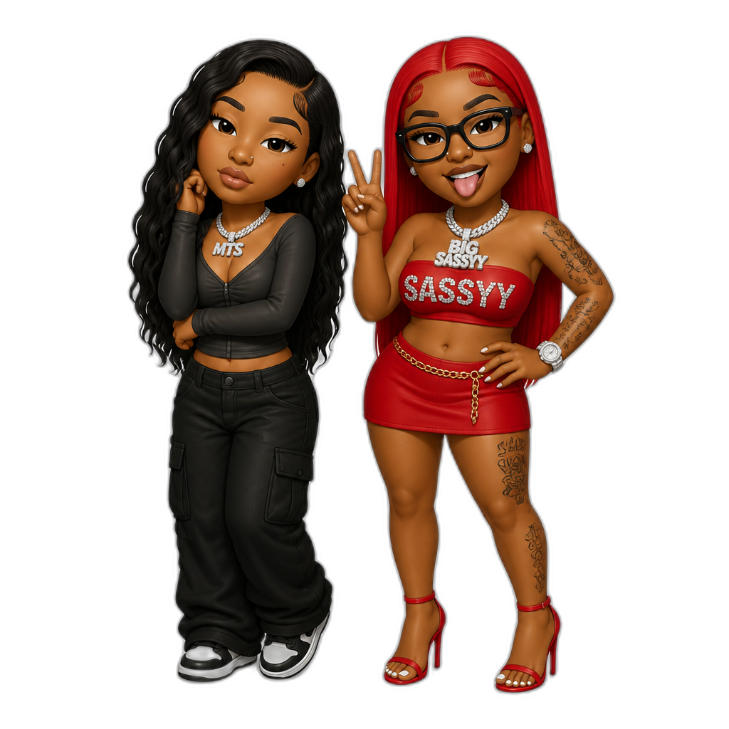 Mariah The Scientist collabing with Sassyy Red (female rapper, black female, red hair, glasses, strapless crop top, skirt, stilettos) - AI generated emoji