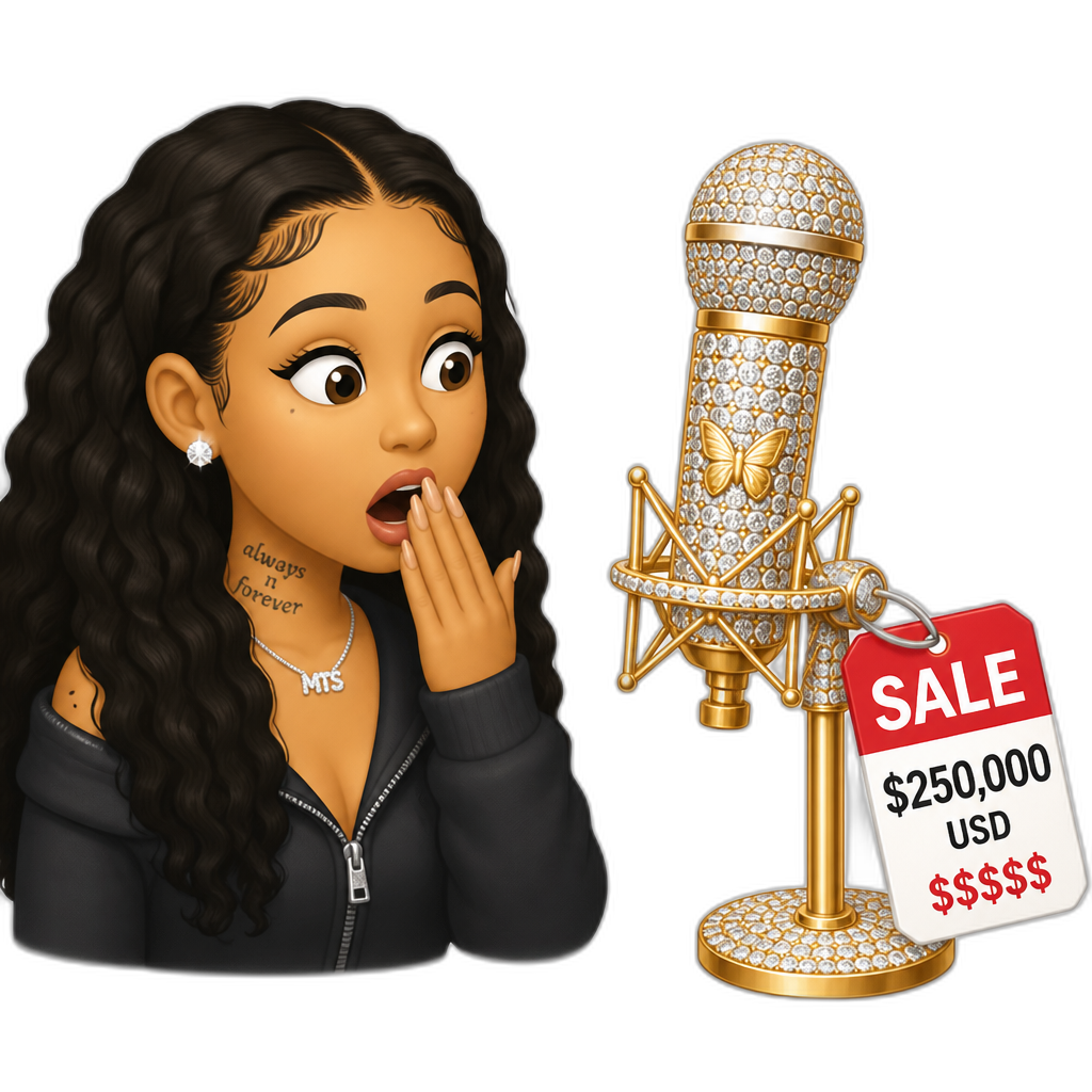 Mariah The Scientist seeing a crazy expensive diamond crusted gold singing microphone on sale - AI generated emoji