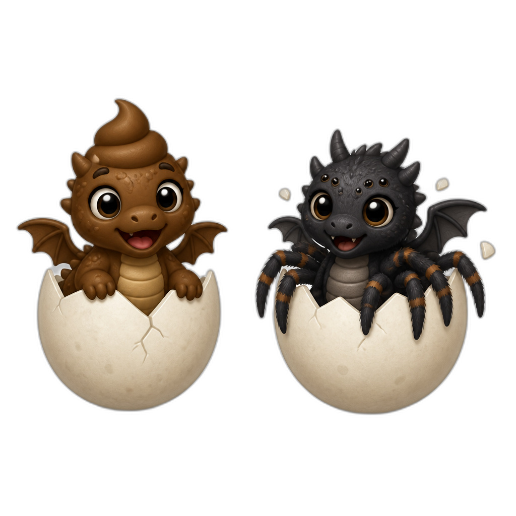 Egg hatching revealing a baby poop dragon with another hatching revealing a baby spider dragon - AI generated emoji