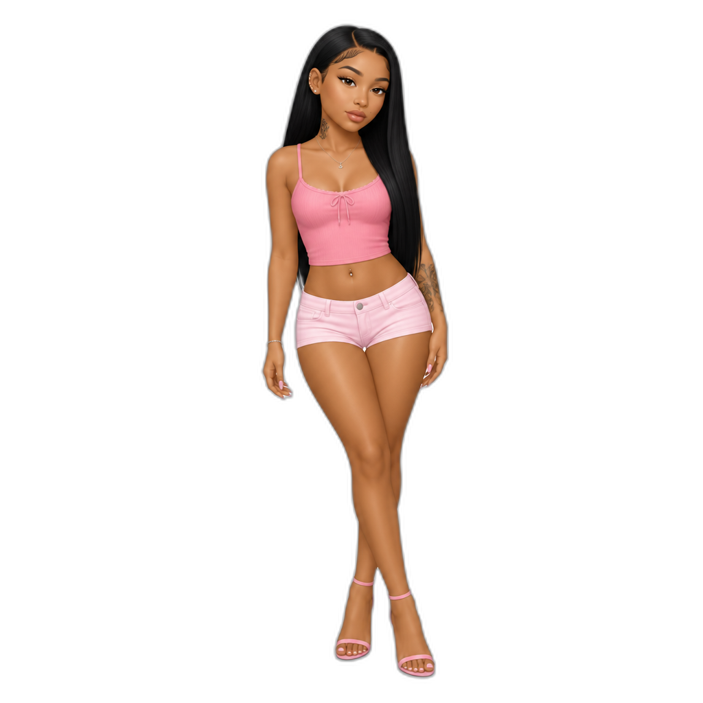 Mariah The Scientist, long straight hair, photorealistic, summertime, pink sleeveless camisole crop top, shorts, stilettos - AI generated emoji