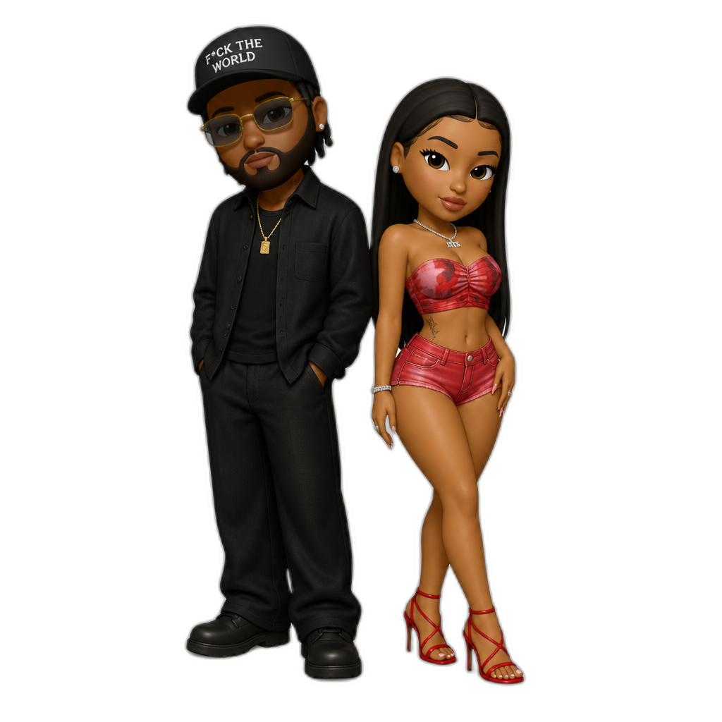 Brent Faiyaz collabing with Mariah The Scientist (long straight hair, strapless red and pink crop top, shorts and stilettos) - AI generated emoji