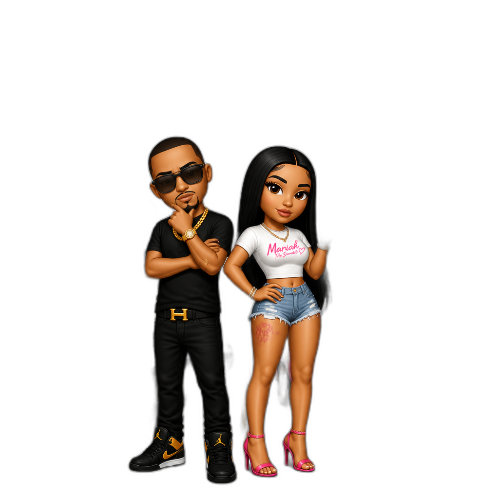 T.I. and Mariah The Scientist, "Let 'Em Know" remix music video, drag racing theme, crop top, shorts, stilettos, West meets East Atlanta, Atlanta backdrop, cars, checkered flags, finish line, Mariah with long straight hair - AI generated emoji