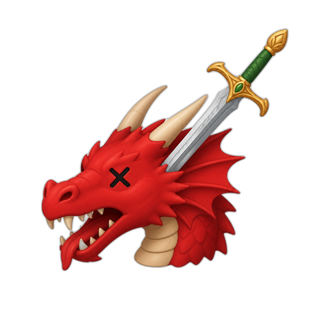 dead western-style bright red dragon head pierced by Elven sword, flat minimal - AI generated emoji