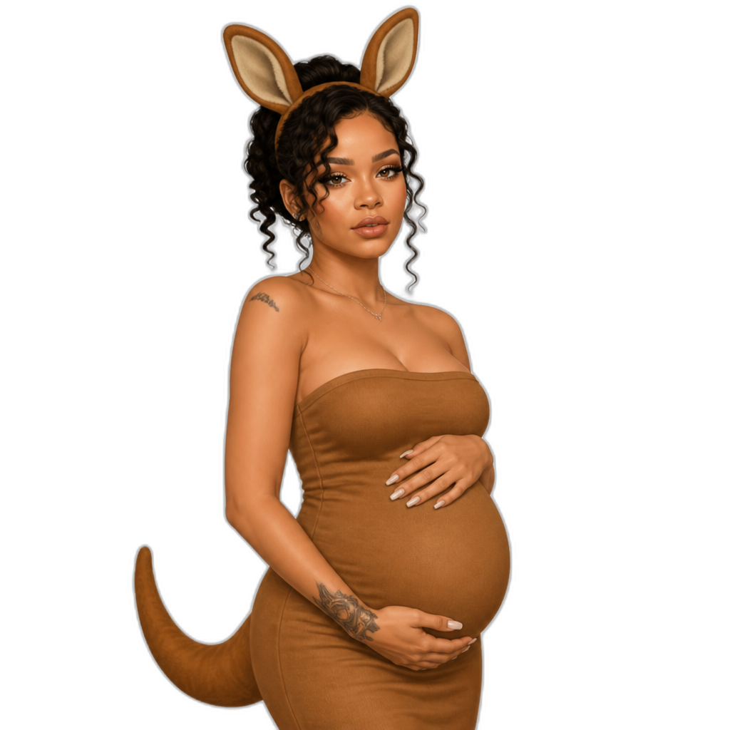 Mariah The Scientist dressed as a kangaroo for Halloween, photorealistic, strapless dress, pregnant - AI generated emoji