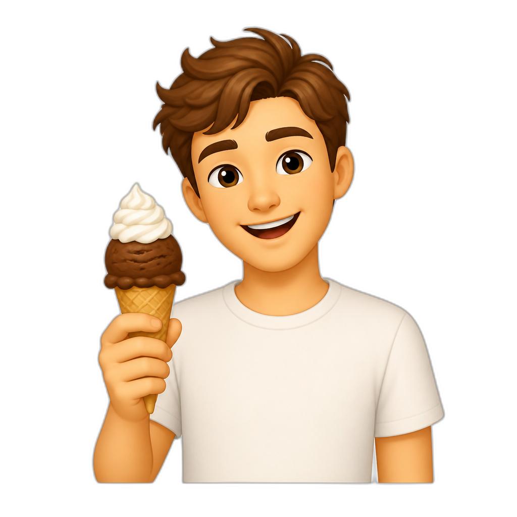 Jeune homme blanc cheveux châtain avec une glace au chocolat dans la main et de la chantilly sur la glace - AI generated emoji