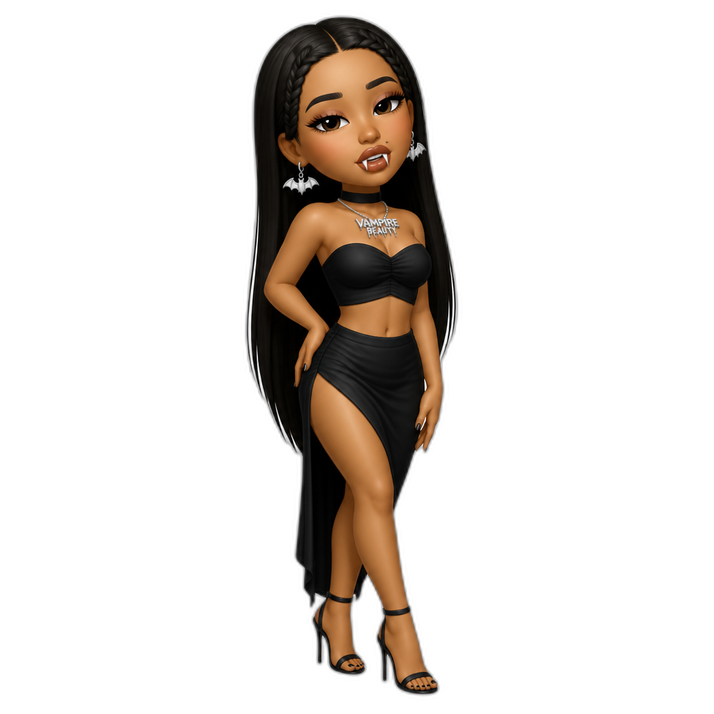 Mariah The Scientist as a vampire babe, long straight hair with braids on the sides, strapless crop top, skirt, stilettos, choker, a Vampire Beauty necklace, bat earrings - AI generated emoji