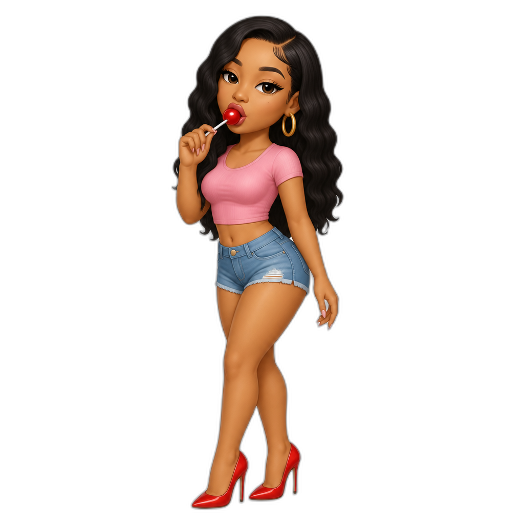 Mariah The Scientist sucking on a cherry lollipop (pink short sleeved crop top, denim shorts, red stilettos and hoop earrings) - AI generated emoji