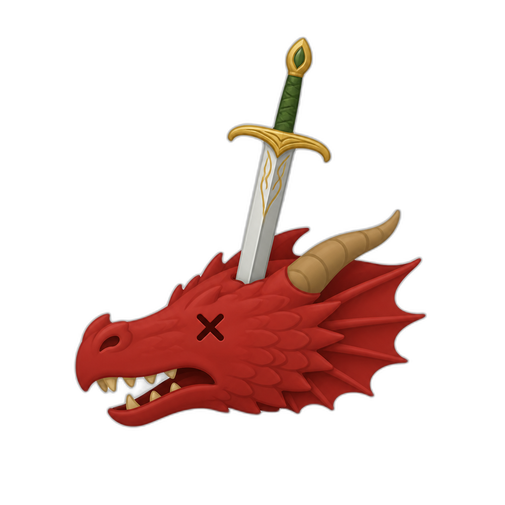 dead western-style red dragon head pierced by Elven sword, flat minimal - AI generated emoji