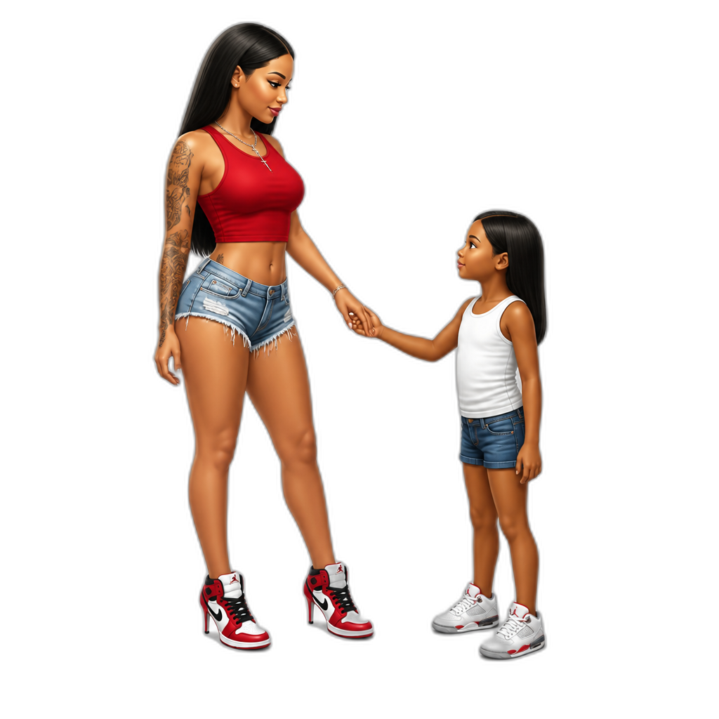 Mariah The Scientist meeting her childhood self (from the past), photorealistic, long straight hair, Mariah in a red sleeveless crop top, jean shorts, stiletto sneakers, Child Mariah in a sleeveless top, shorts and sneakers, photorealistic - AI generated emoji