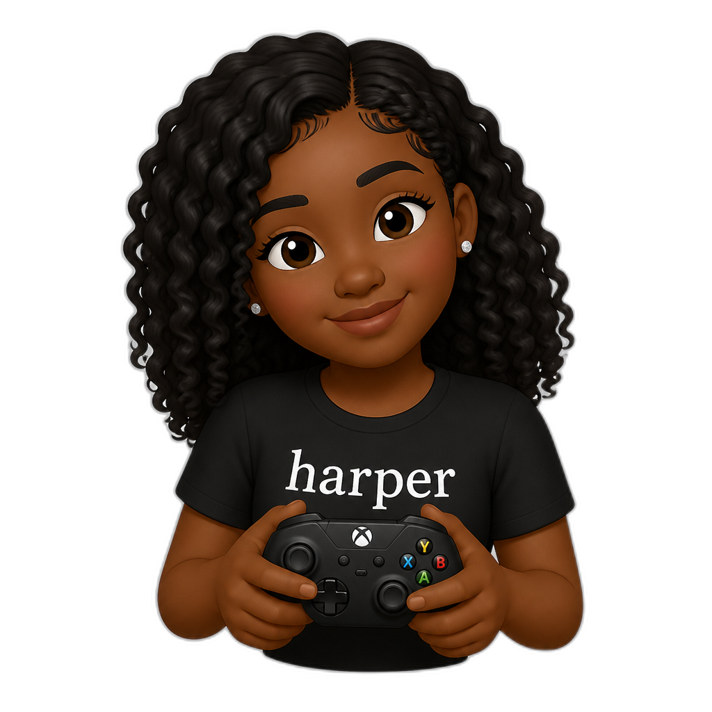 black women holding xbox controller with black shirt that says harper - AI generated emoji