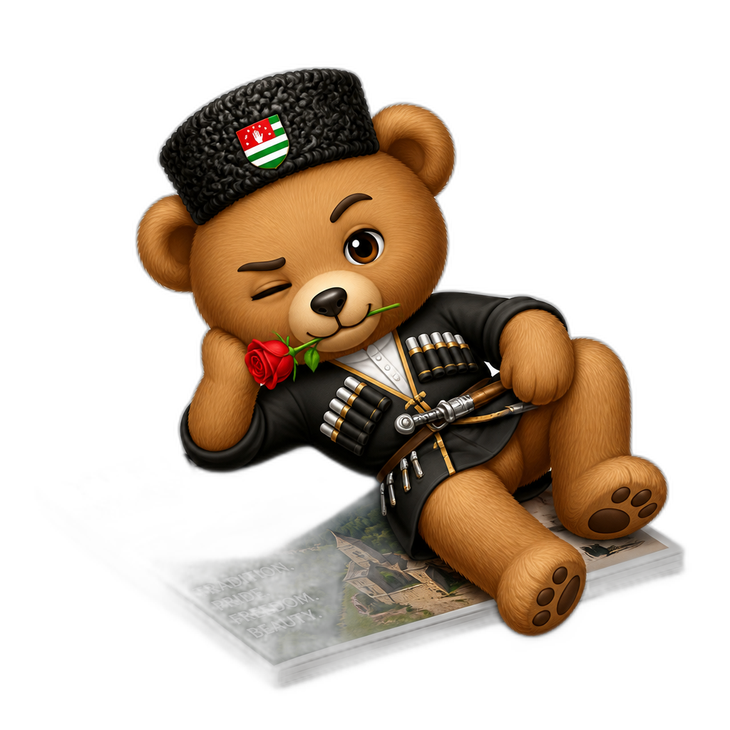 Create a Teddy bear who is a flirty mischievous Abkhazian on the magazine book. any fur color - AI generated emoji