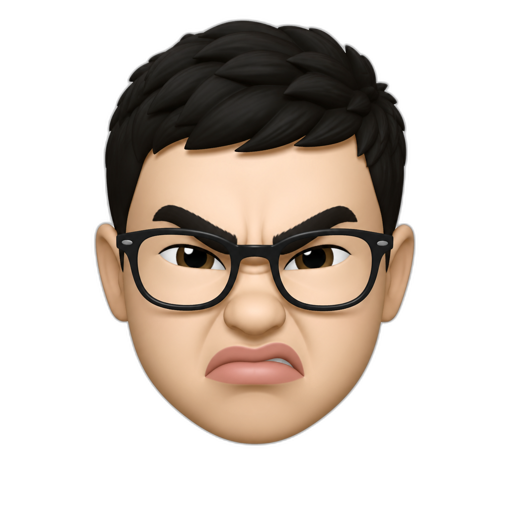 a young white man with a round face big lips  glasses and bushy black eyebrows with short black hair and an angry scrunched up face - AI generated emoji