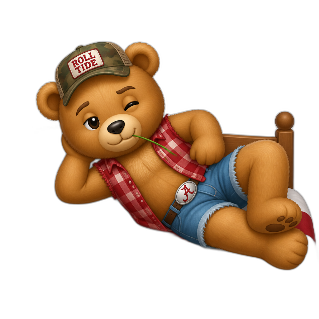 Create a Teddy bear who is a flirty Alabamian on the bed. any fur color or hairstyle - AI generated emoji
