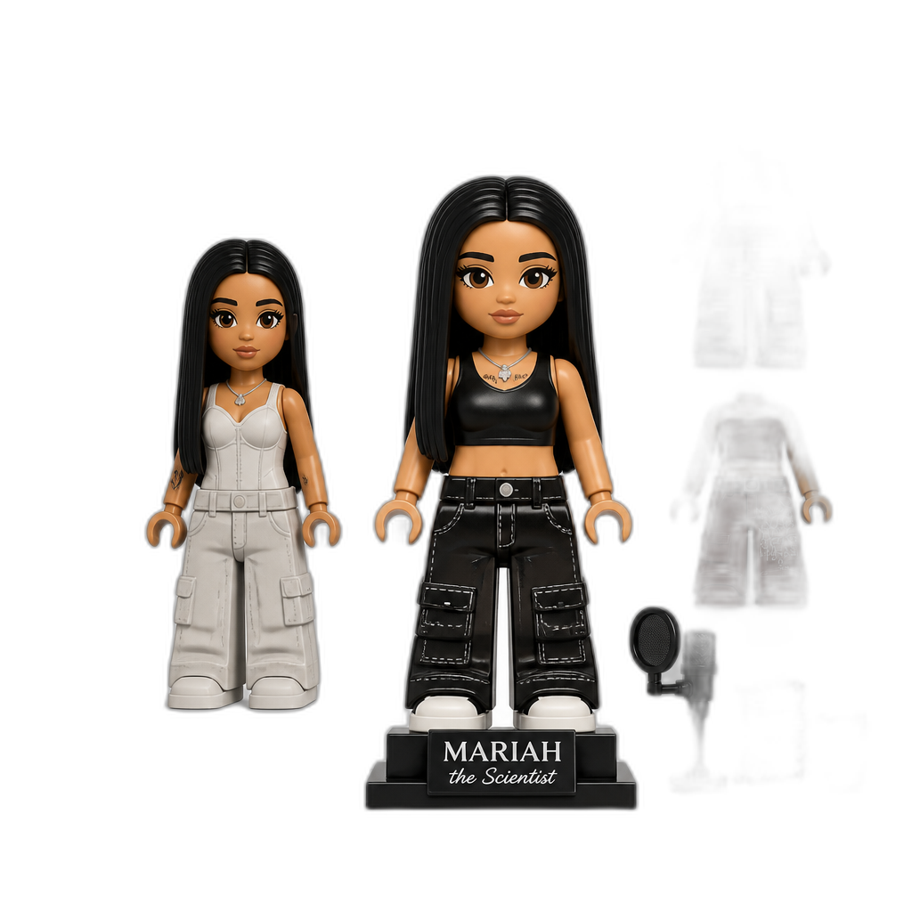 Mariah The Scientist Lego set, photorealistic, long straight hair, different outfit Lego pieces - AI generated emoji