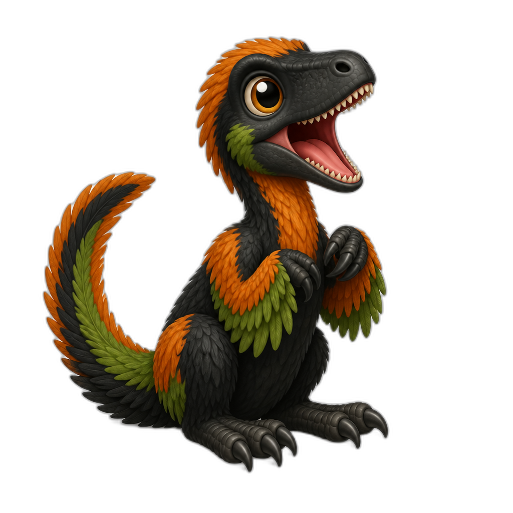 Cute sitting deinonychus raptor dinosaur opening it's mouth in excitement because it's waiting to be fed. It has orange, green and black feathers. - AI generated emoji