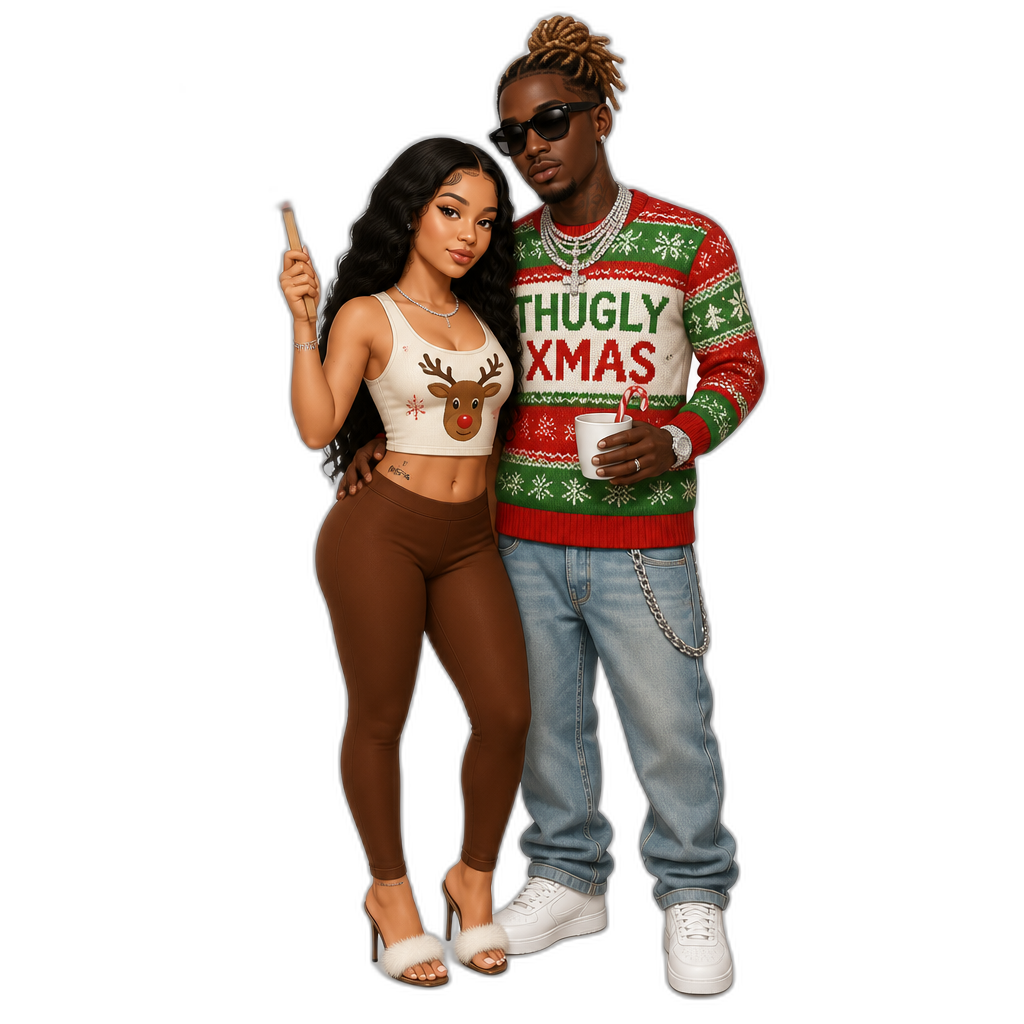 Mariah The Scientist celebrating Christmas in July with her man Young Thug, photorealistic, Mariah in a sleeveless reindeer print crop top, leggings, stiletto slippers, Young Thug in an ugly Christmas sweater that says 'Thugly Xmas', sunglasses - AI generated emoji