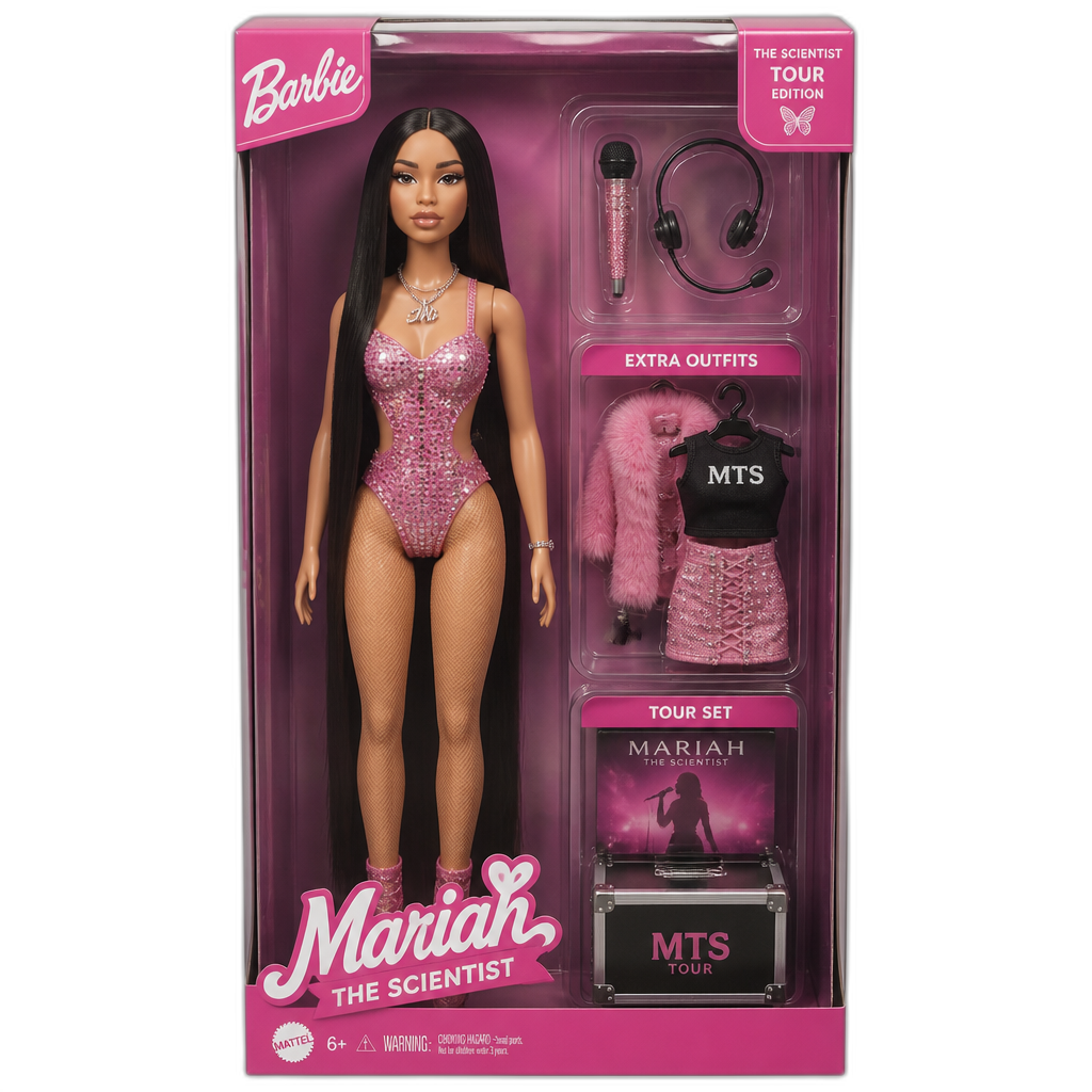 Mariah The Scientist as a Barbie doll in an unopened box comes with microphone, ear set, and extra clothes, tour set, long straight hair, photorealistic - AI generated emoji