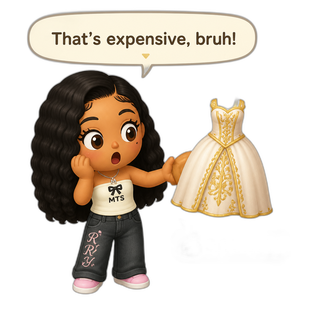 Mariah The Scientist as a Human Villager, Animal Crossing, finding an expensive item worth millions of Bells, saying "That's expensive, bruh!", dress item - AI generated emoji
