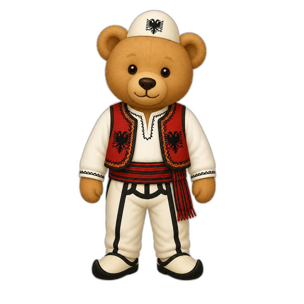 Create a natural standing Teddy bear who is a Albanian - AI generated emoji