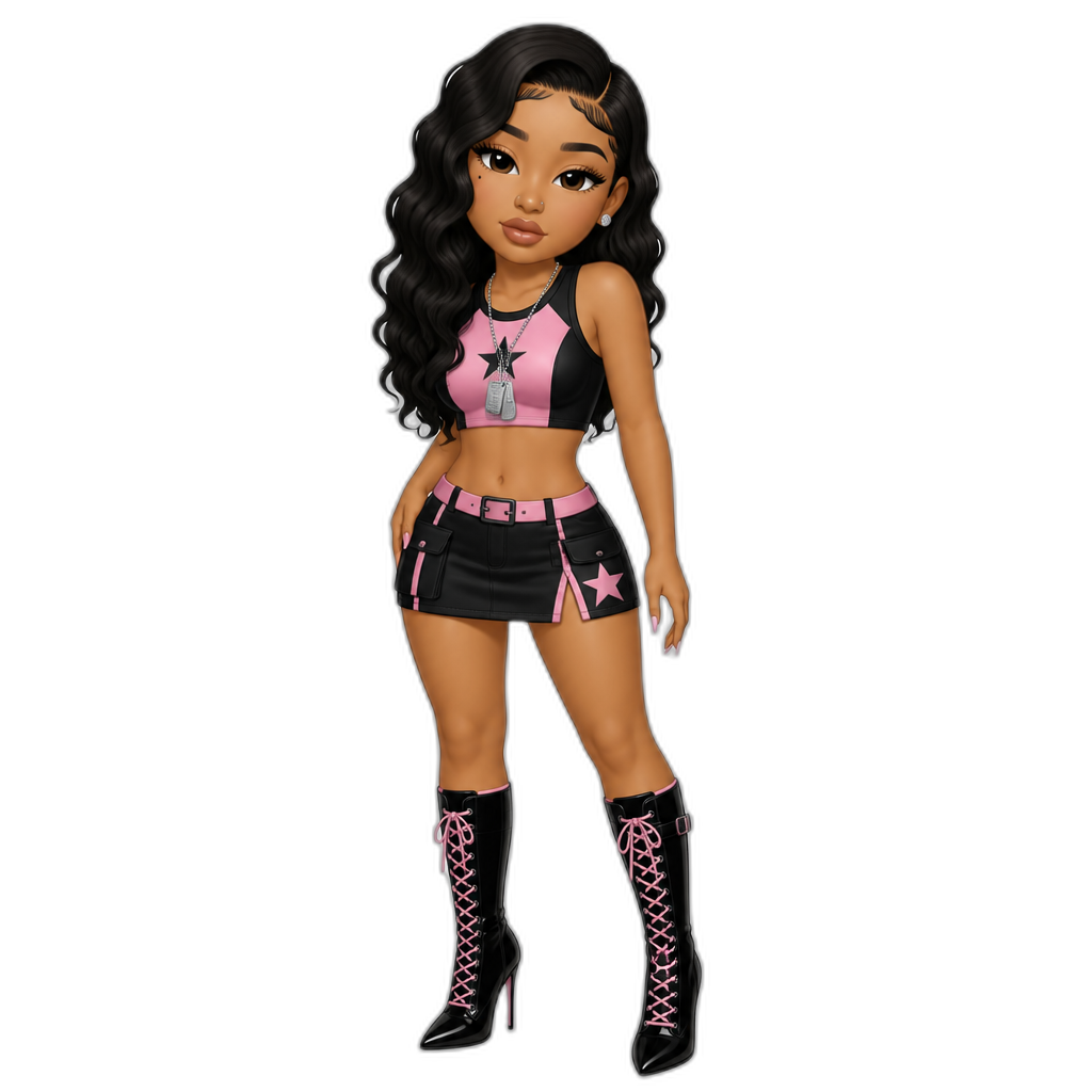 Mariah The Scientist as an army babe, pink and black sleeveless crop top, skirt, stiletto boots, and dog tag necklace - AI generated emoji