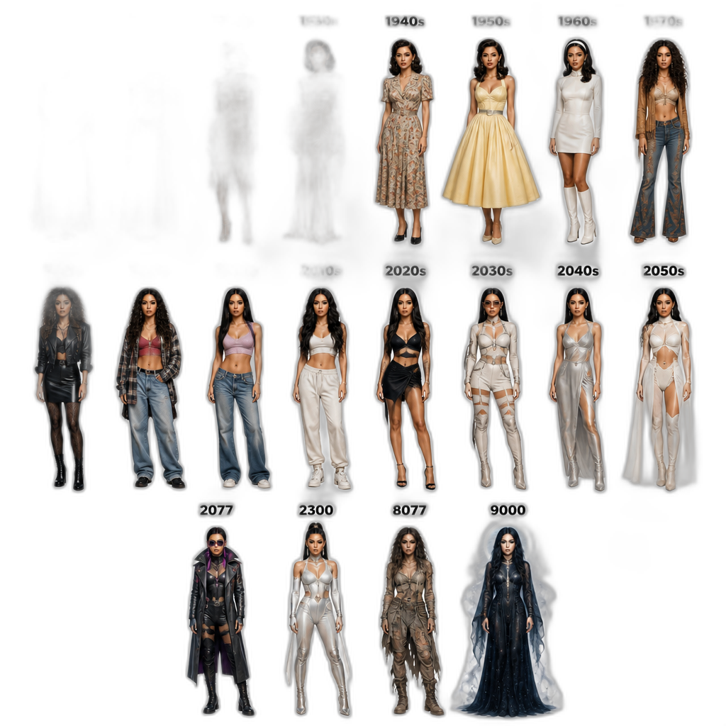 Mariah The Scientist in different decades (1900s, 1910s, 1920s, 1930s, 1940s, 1950s, 1960s, 1970s, 1980s, 1990s, 2000s, 2010s, 2020s, 2030s, 2040s, 2050s, 2077 - cyberpunk future, 2300, 8077 - postapocalypse, 9000 - end of time/void), photorealistic, full body - AI generated emoji