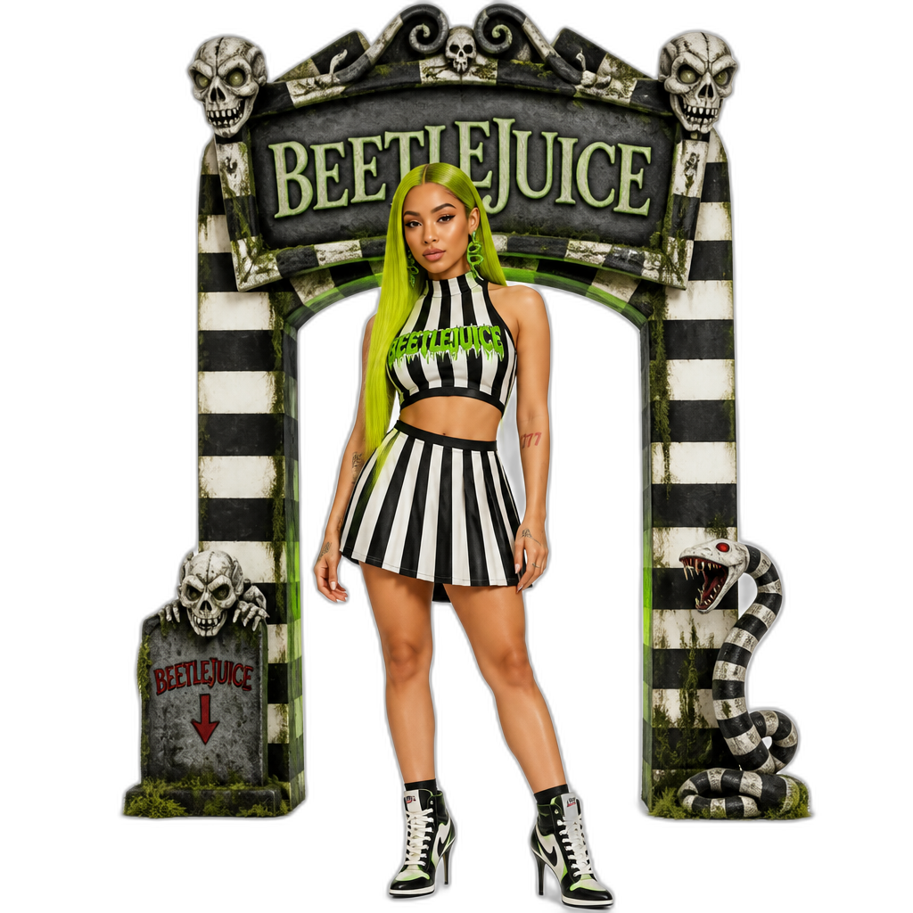 Mariah The Sciebtist in a Beetlejuice themed outfit, sleeveless crop top, skirt, stiletto sneakers, snake earrings, Beetlejuice backdrop, photorealistic, long straight hair, dyed lime green - AI generated emoji