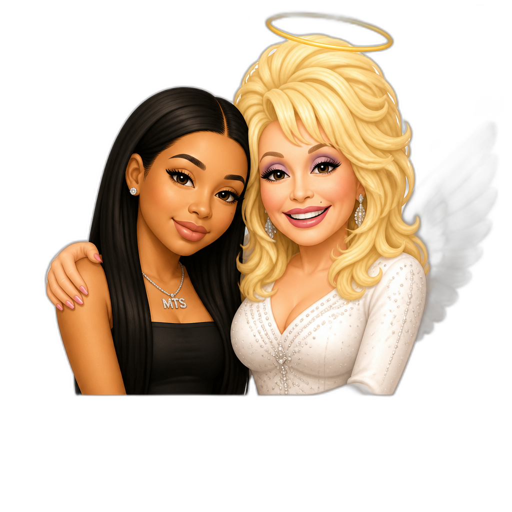 Mariah The Scientist with Dolly Parton, Mariah with long straight hair, Dolly with a halo and angel wings, Dolly Parton tribute - AI generated emoji