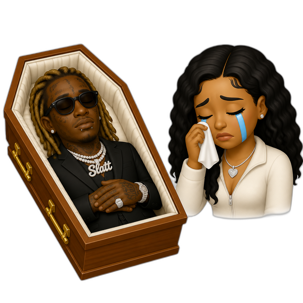 Young Thug in a coffin, Mariah The Scientist crying - AI generated emoji