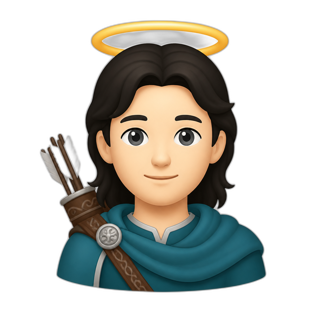Gender-neutral High Elf with halo over head, fair skin tone, dark hair, grey eyes, teal cloth, quiver on the left shoulder; flat minimal Noto Emoji style. No pointy ears. - AI generated emoji